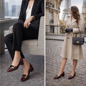 Chic Burgundy Croc-Embossed Flats with Gold Buckle